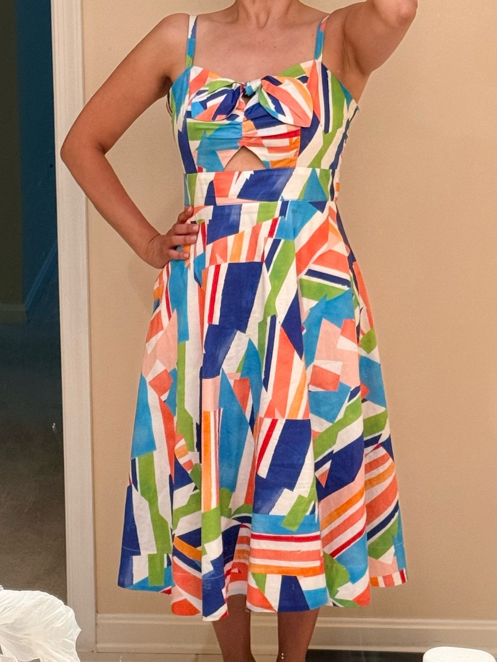 Milly Geometric Fit-and-Flare Dress in Blue, Green & Orange, 100% cotton size 4
